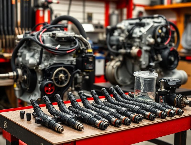 Diesel injectors and high pressure fuel pump components on a workbench