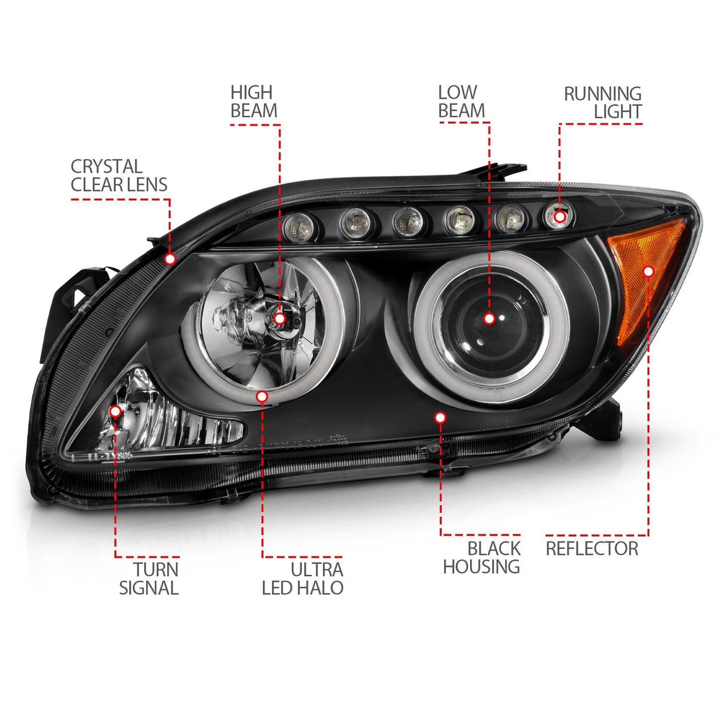 ANZO - Projector Headlight Set w/Halo; Clear Lens; Black Housing; Pair; CCFL; - 121119