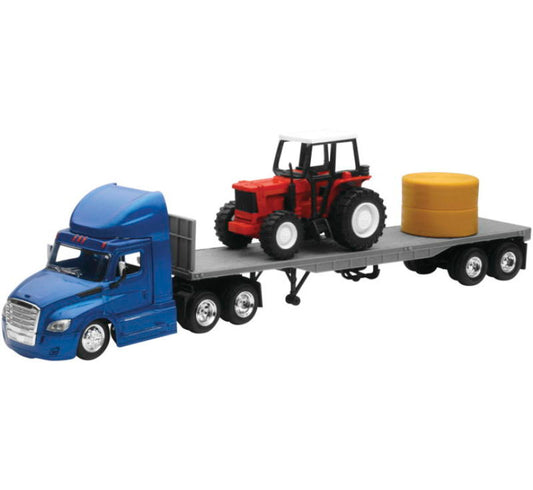 New Ray Toys - New Ray Toys Freightliner Cascadia Flatbed with Farm Tractor and Round Hay Bale/ Scale - 1:43 - 16083