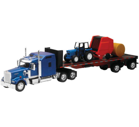 New Ray Toys - New Ray Toys Kenworth W900 with Flatbed, Tractor and Round Haybales/ Scale - 1:32 - SS-10353E