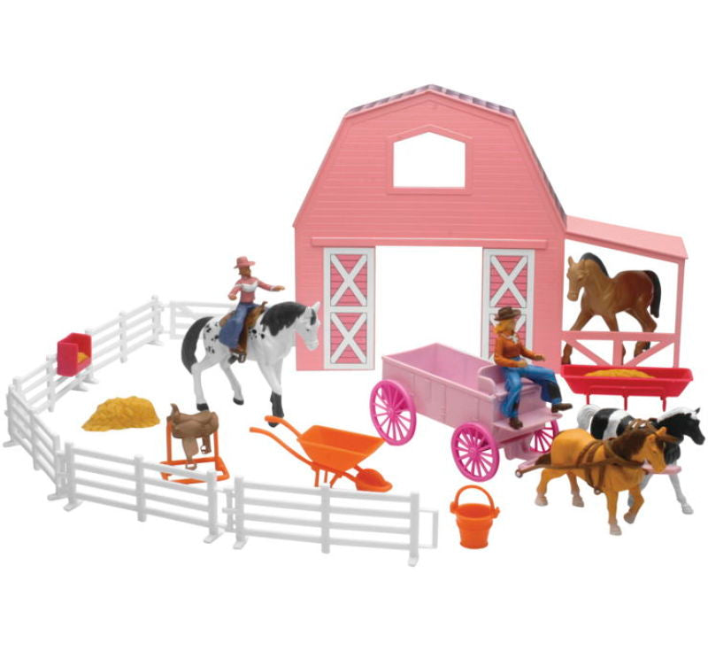 New Ray Toys - New Ray Toys Valley Ranch Set with Pink Barn, Horses, Cowgirls and Fences/ Scale 1:32 - SS-05786