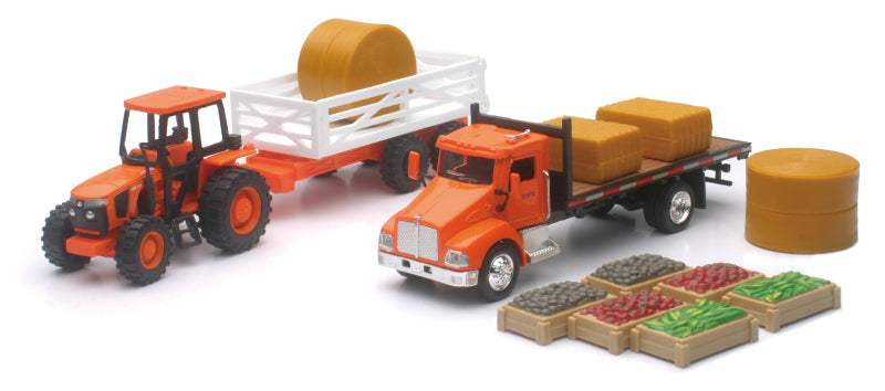 New Ray Toys - New Ray Toys Kubota Farm Tractor Play Set with Truck, Trailer, Crates and Haybales/ Scale - 1:32 - SS-15815A