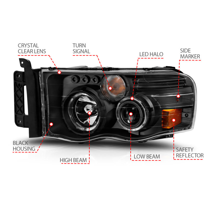 ANZO - Projector Headlights; Black Housing w/ Halo; Clear Lens; Pair - 111490 - MST Motorsports