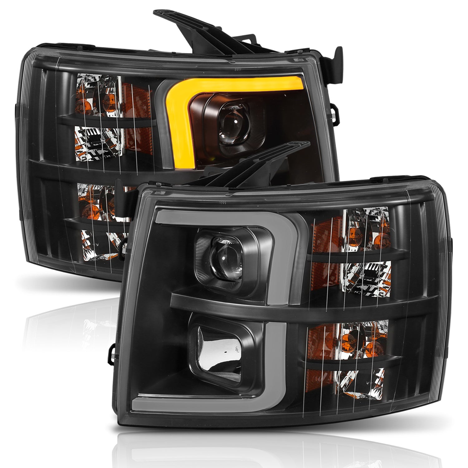 ANZO - Projector Headlights w/ Plank Style Switchback Black w/ Amber - 111410 - MST Motorsports