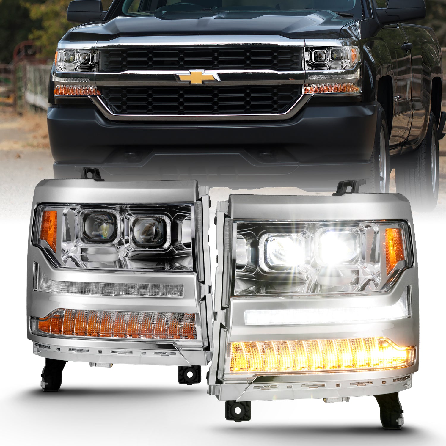 ANZO - LED Projector Headlights w/ Plank Style Chrome w/ Amber - 111421 - MST Motorsports