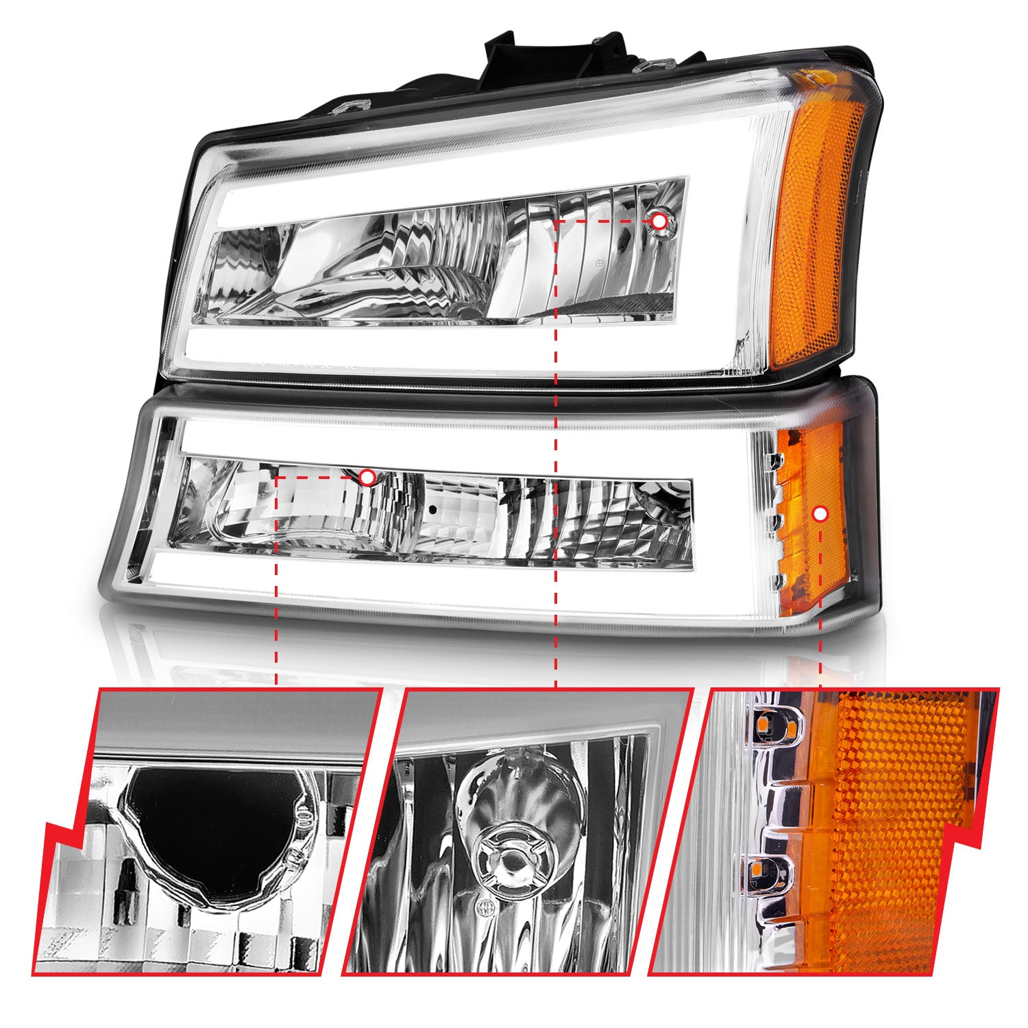 ANZO - Crystal Headlight Set w/ LED Light Bar Style; Chrome Housing; Clear Lens; Pair - 111502 - MST Motorsports