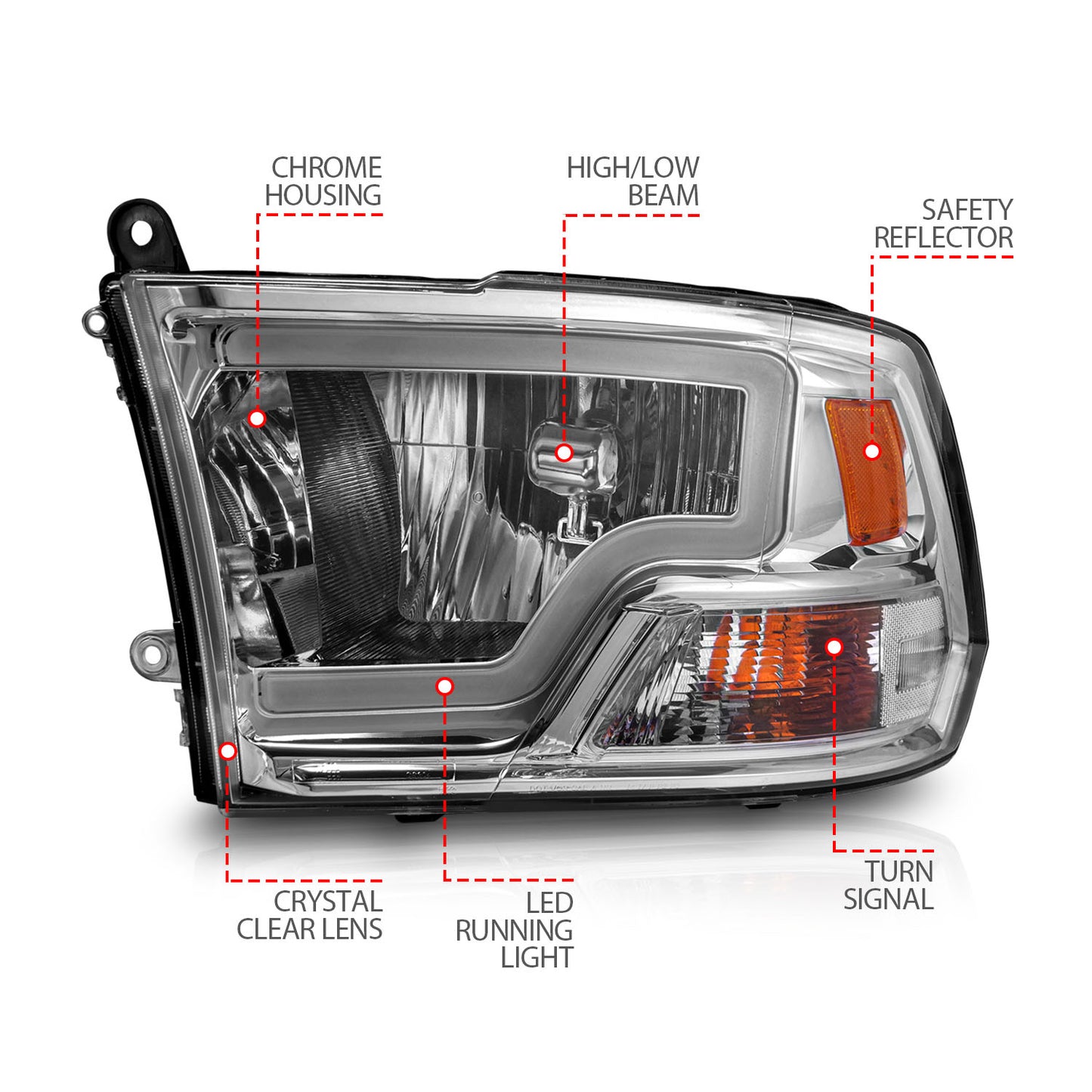 ANZO - Crystal Headlight Set w/ Light Bar Style; Chrome Housing; Clear Lens; Pair - 111516 - MST Motorsports