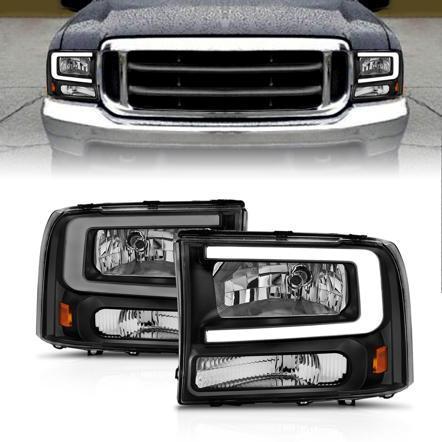 ANZO - Crystal Headlight Set w/ Light Bar Style; Black Housing; Clear Lens; Pair; - 111549 - MST Motorsports