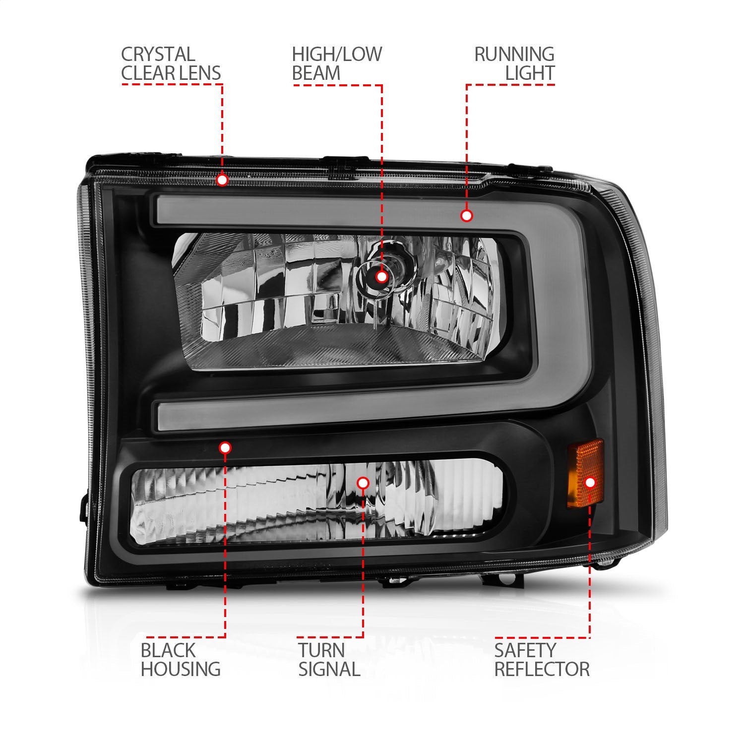 ANZO - Crystal Headlight Set w/ Light Bar Style; Black Housing; Clear Lens; Pair; - 111549 - MST Motorsports