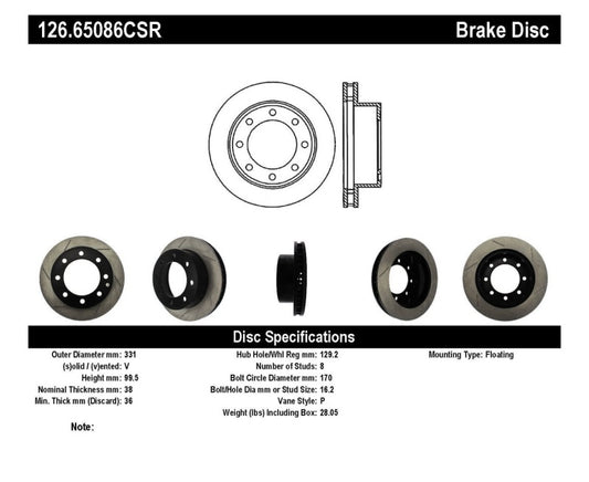 Stoptech - StopTech Power Slot 00-05 Ford Excursion / 99-04 F250/F350 Front Right Slotted CRYO Brake Rotor - 126.65086CSR - MST Motorsports