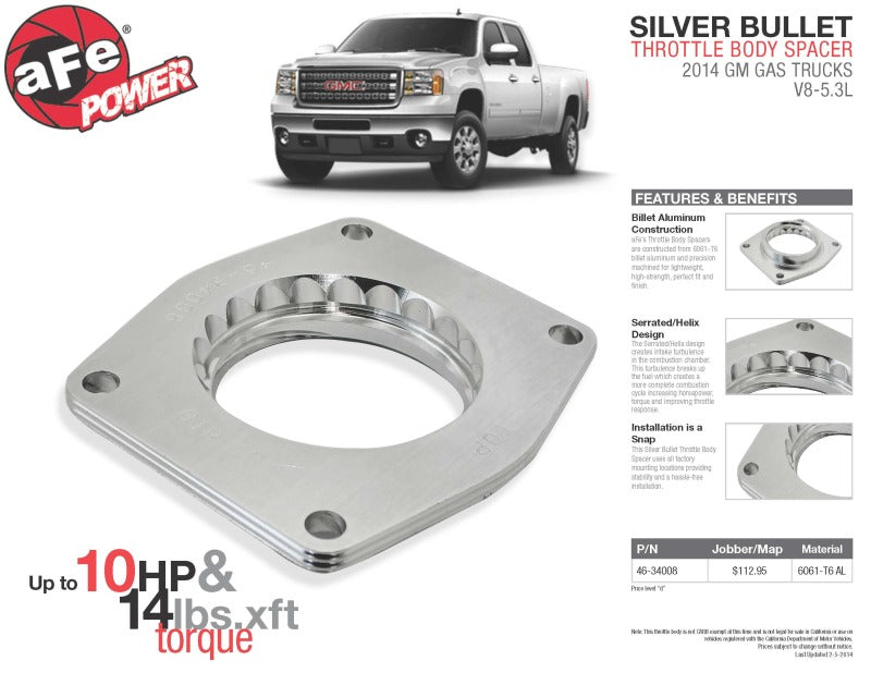 aFe - aFe Silver Bullet Throttle Body Spacers TBS 2014 GM Silverado/Sierra 1500 V8 5.3L - 46-34008 - MST Motorsports