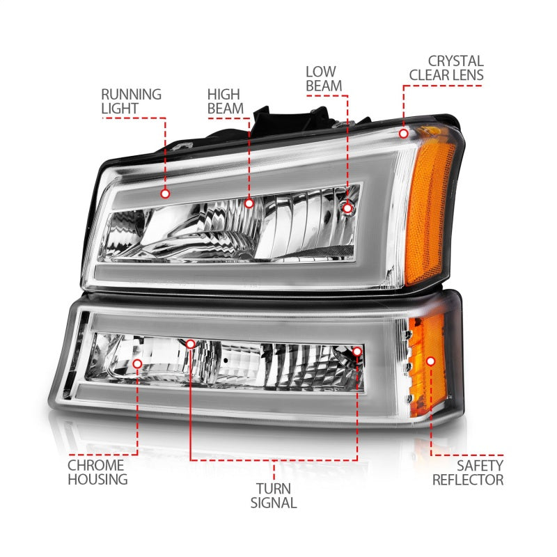 ANZO - Crystal Headlight Set w/ LED Light Bar Style; Chrome Housing; Clear Lens; Pair - 111502 - MST Motorsports