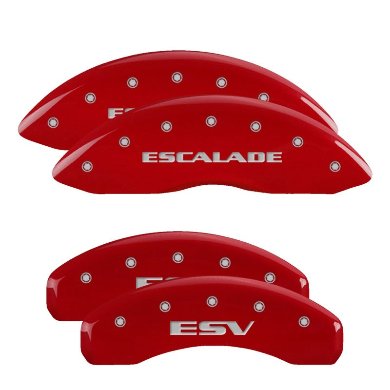 MGP - MGP 4 Caliper Covers Engraved Front Escalade Engraved Rear ESV Red finish silver ch - 35015SESVRD - MST Motorsports