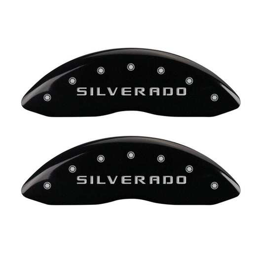 MGP - MGP 4 Caliper Covers Engraved Front & Rear Silverado Black finish silver ch - 14005SSILBK - MST Motorsports