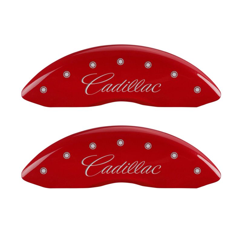 MGP - MGP 4 Caliper Covers Engraved Front & Rear Cursive/Cadillac Red finish silver ch - 35015SCADRD - MST Motorsports